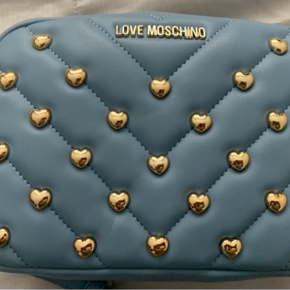 Love Moschino baby blue Gold Hearts Studded Crossbody Handbag.